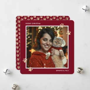 Meowy Red Gold Cat Paws Photo Christmas Card