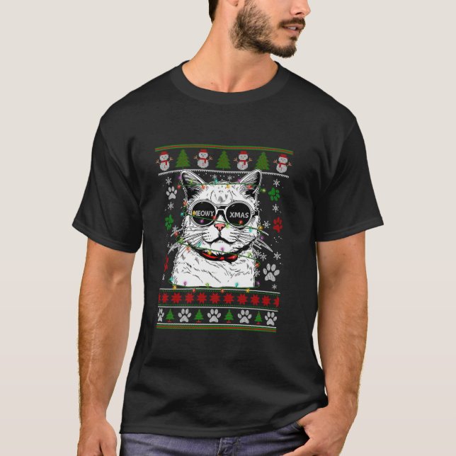 Meowy Xmas Cat Sunglasses Xmas Lights Ugly Christm T-Shirt (Front)