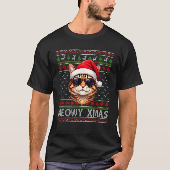 Meowy Xmas Cat Sunglasses Xmas Lights Ugly Christm T-Shirt (Front)