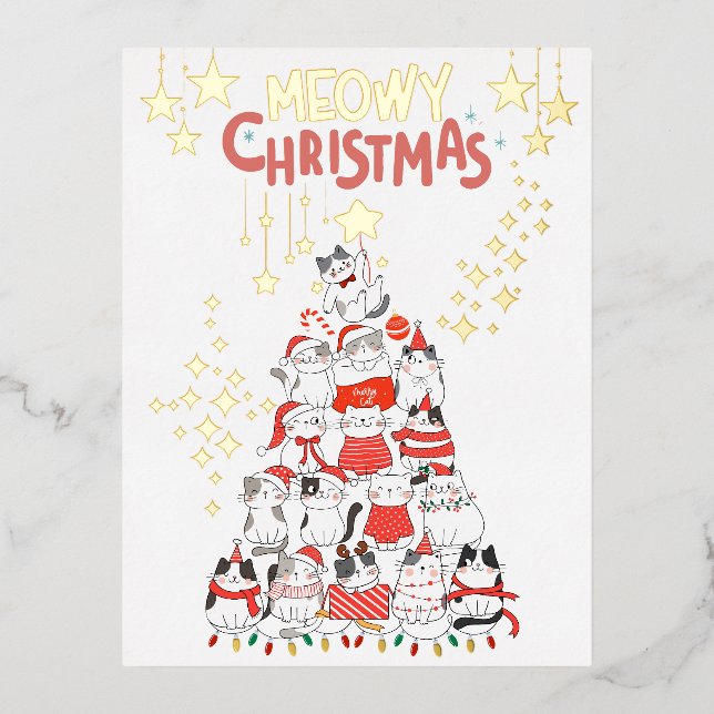 Meowy Xmas Funny Cats Christmas Tree Foil Postcard (Front)