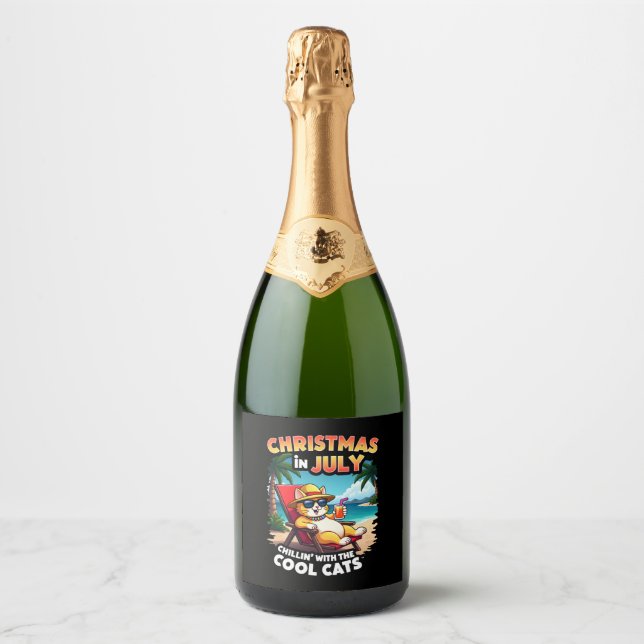 Meowy Xmas Summer Christmas In July Chillin Cool C Sparkling Wine Label (Front)