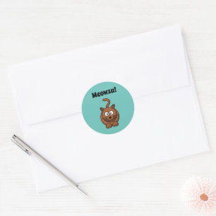 Meowza! Funny Brown Kitty Cat Cartoon Design Classic Round Sticker