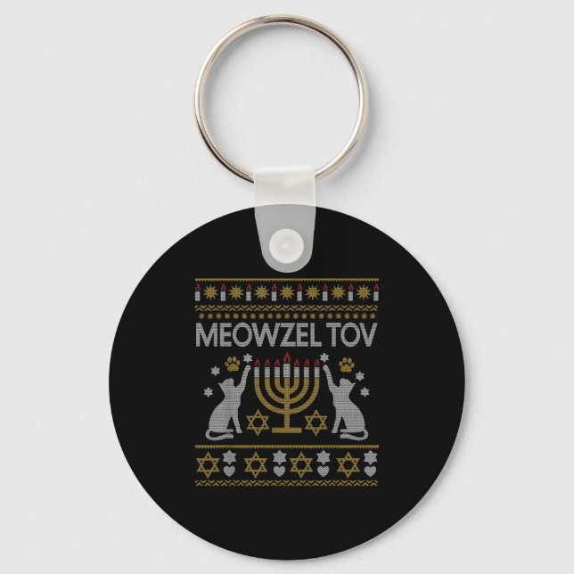 Meowzel Tov Cat Hanukkah 2025 Funny Ugly Christmas Key Ring (Front)
