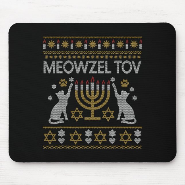 Meowzel Tov Cat Hanukkah 2025 Funny Ugly Christmas Mouse Pad (Front)