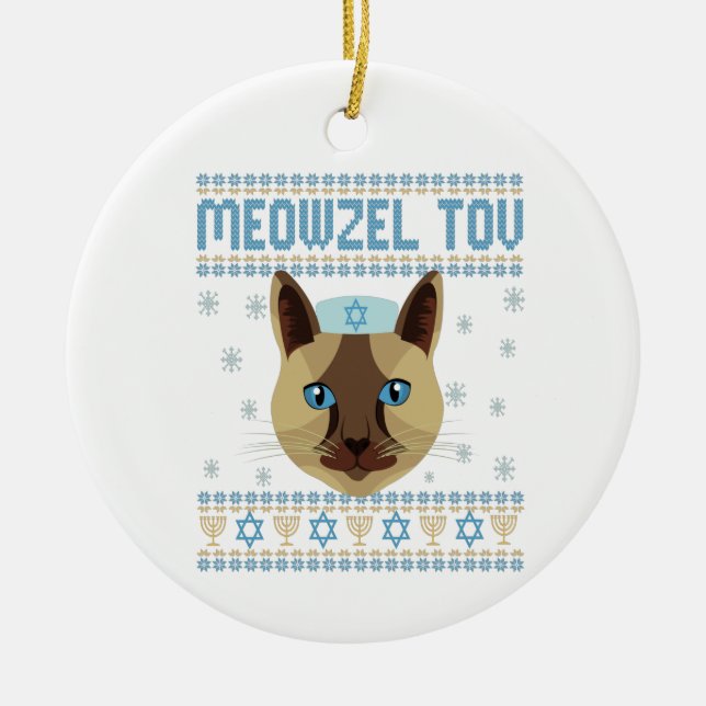 Meowzel Tov Cat Mazel Ugly Hanukkah Sweater Gift Ceramic Ornament (Front)