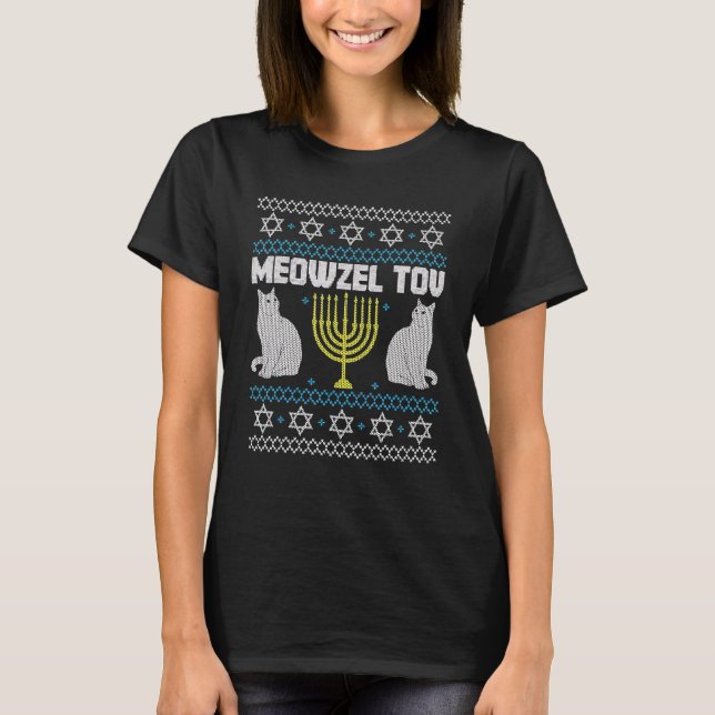 Meowzel Tov Chanukah Jewish Cat Owner Ugly Hanukka T-Shirt (Front)