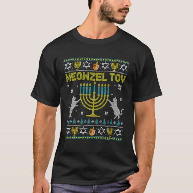 Meowzel Tov Chanukah Jewish Cat Owner Ugly T-Shirt (Front)