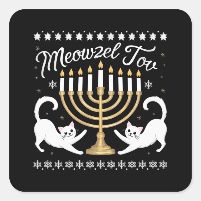 Meowzel Tov Funny Chanukah Hanukkah Ugly Sweater Square Sticker (Front)