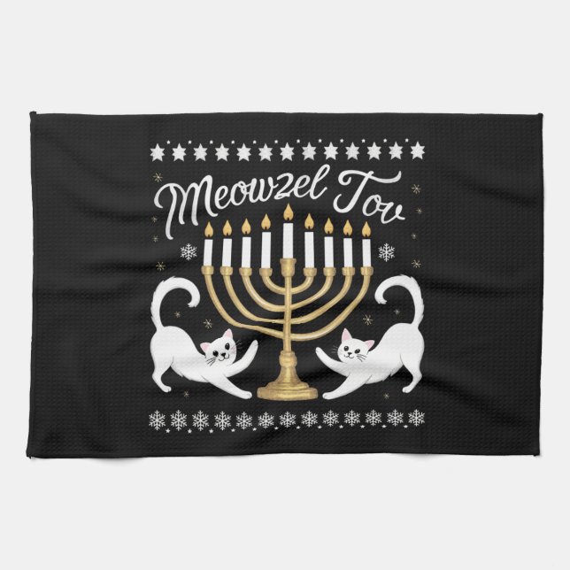 Meowzel Tov Funny Chanukah Hanukkah Ugly Sweater Tea Towel (Horizontal)
