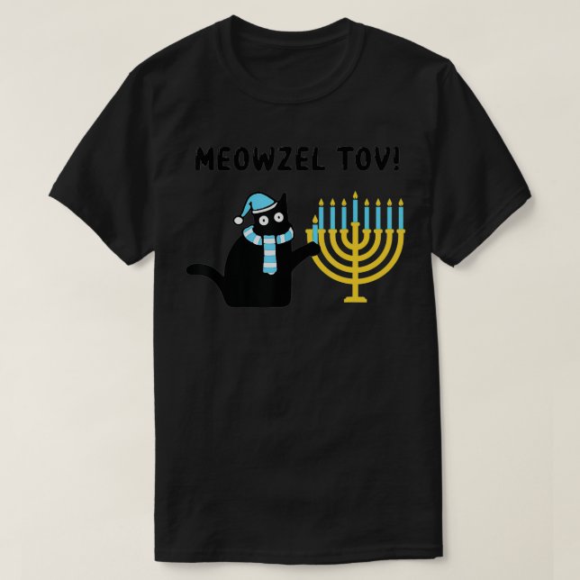 Meowzel Tov Gift Black Cat Mazel Tov Menorah Funny T-Shirt (Design Front)