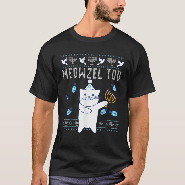 Meowzel Tov Jewish Christmas Cat Funny Ugly Hanukk T-Shirt (Front)