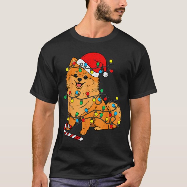 Meranian Dog Christmas Lights Santa Xmas Pet Dog L T-Shirt (Front)