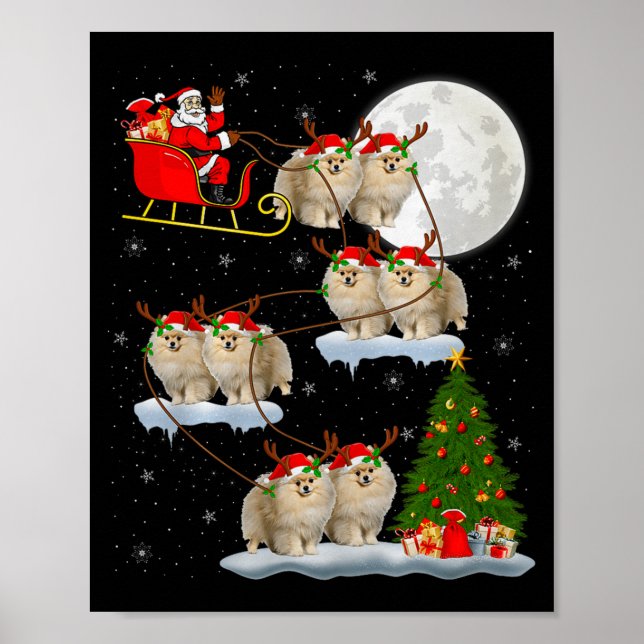 Meranian Dog Santa Sleigh Flying Funny Magical Chr Poster (Front)