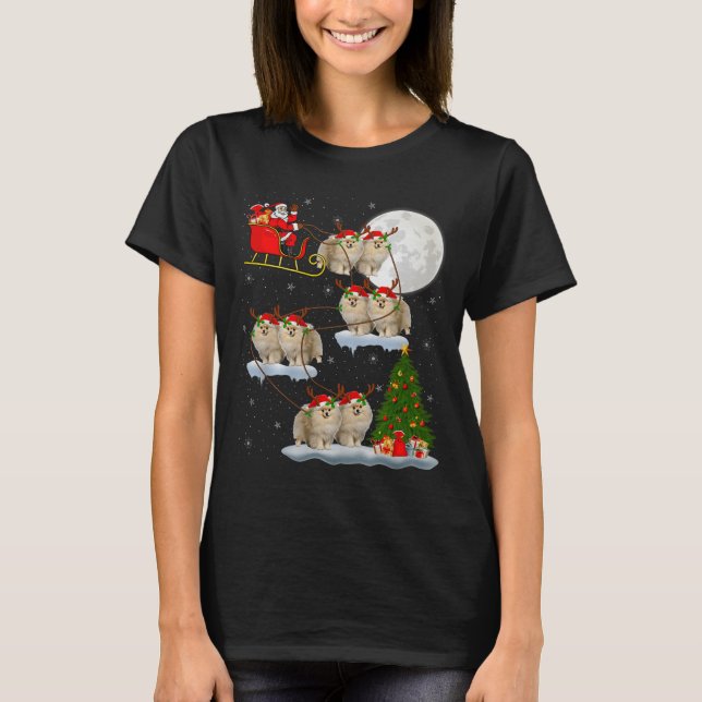 Meranian Dog Santa Sleigh Flying Funny Magical Chr T-Shirt (Front)