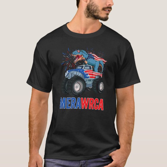 Merawrca Dinosaur Monster Truck Usa Flag 4th Of Ju T-Shirt (Front)