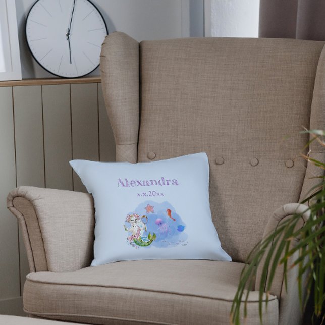 Mercat cat mermaid light blue nursery custom name cushion (Creator Uploaded)