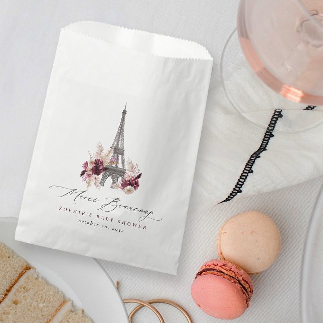 Merci Beaucoup Burgundy Floral Paris Baby Shower Favour Bag (Creator Uploaded)