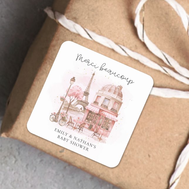 Merci Beaucoup Paris Cafe Baby Shower Thank You Square Sticker (Creator Uploaded)