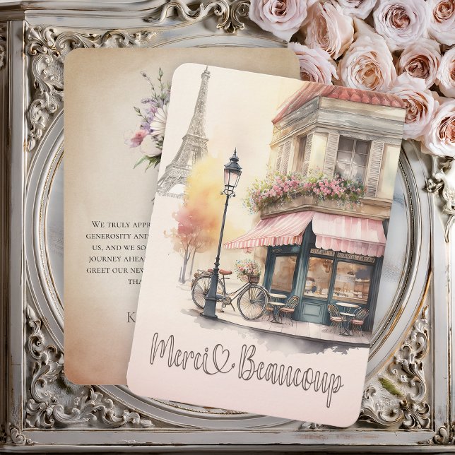 Merci Beaucoup Paris French Cafe Baby Shower Thank You Card ("Merci Beaucoup" Pink Parisian (Paris, France) French Cafe Girl Baby Shower Thank You)