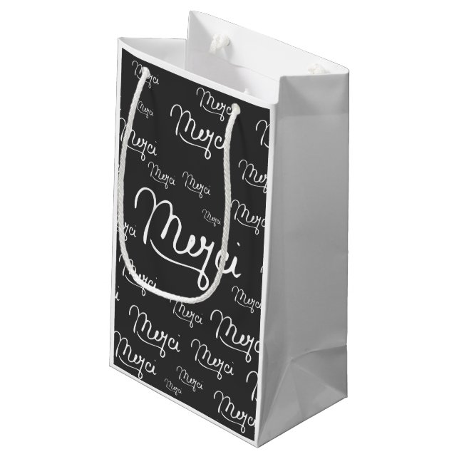"Merci" French Quote Black & White Pattern Small Gift Bag (Back Angled)