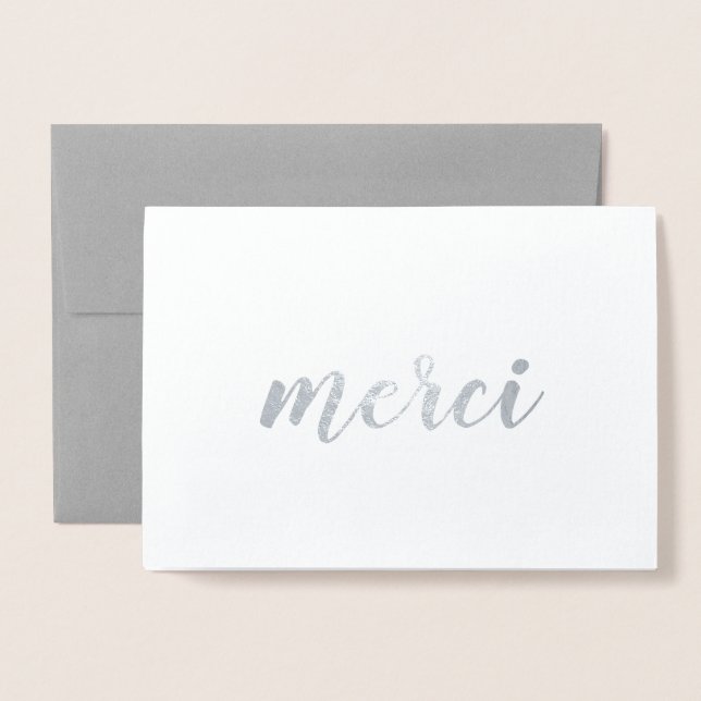 Merci French Thank You Brushstroke Script Silver Foil Card (Front With Envelope)