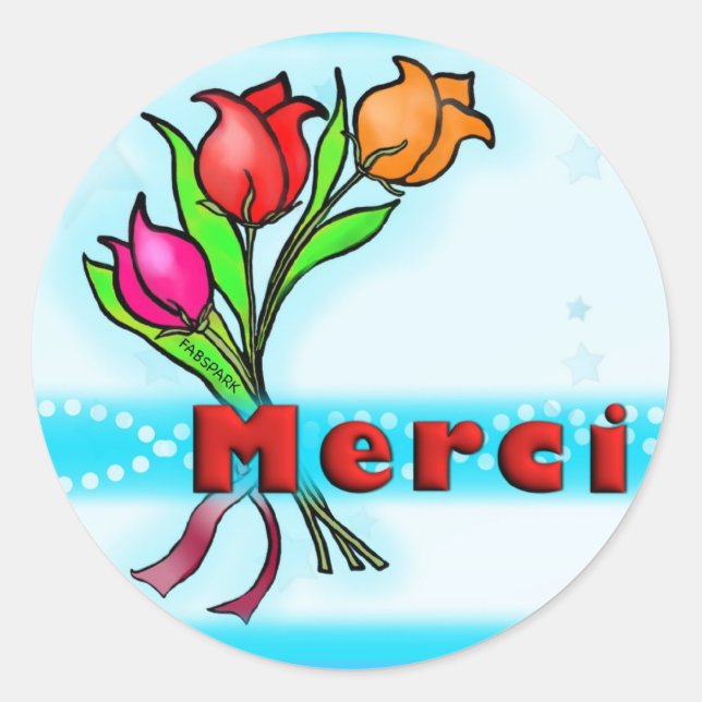 MERCI  French Thank You cartoon flowers stickers (Front)