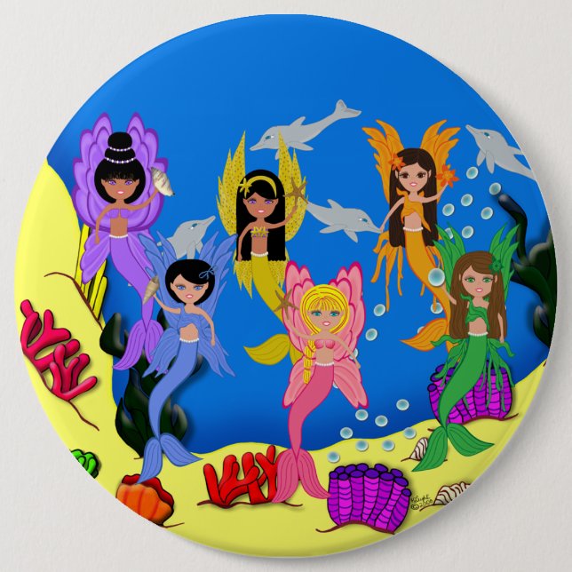 Merfairies in Ocean with Dolphins Big Button (Front)