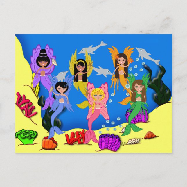 Merfairies in Ocean with Dolphins Postcard (Front)