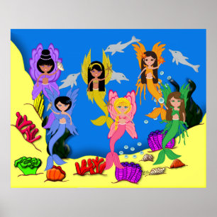 Merfairies  in Ocean with Dolphins Poster