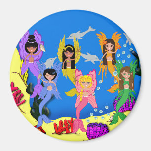 Merfairies in Ocean with Dolphins Round Magnet