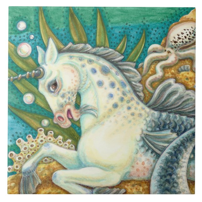 MERHORSE & WHITE OCTOPUS, FANTASY UNICORN HORSE CERAMIC TILE (Front)