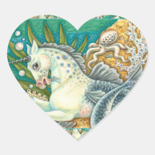 MERHORSE & WHITE OCTOPUS, FANTASY UNICORN HORSE HEART STICKER