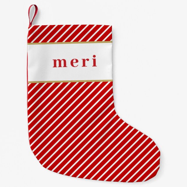 MERI Cute Festive Red White Stripes Custom Name Small Christmas Stocking (Front)