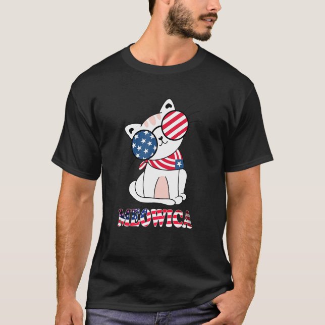 Merica 4th of July Meowica Kitty Cat American Flag T-Shirt (Front)