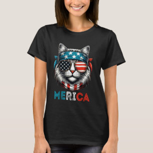 Merica 4th Of July Patriotic Cat USA Flag Independ T-Shirt