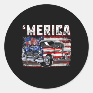 Merica American Flag Old Car 4th Of July Kids Boy Classic Round Sticker