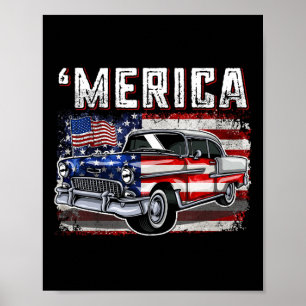 Merica American Flag Old Car 4th Of July Kids Boy  Poster