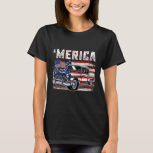Merica American Flag Old Car 4th Of July Kids Boy  T-Shirt