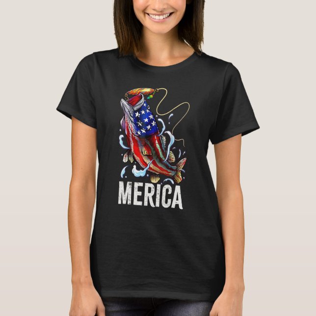 Merica Bass Fishing Fish Flag 4th Of July Independ T-Shirt (Front)