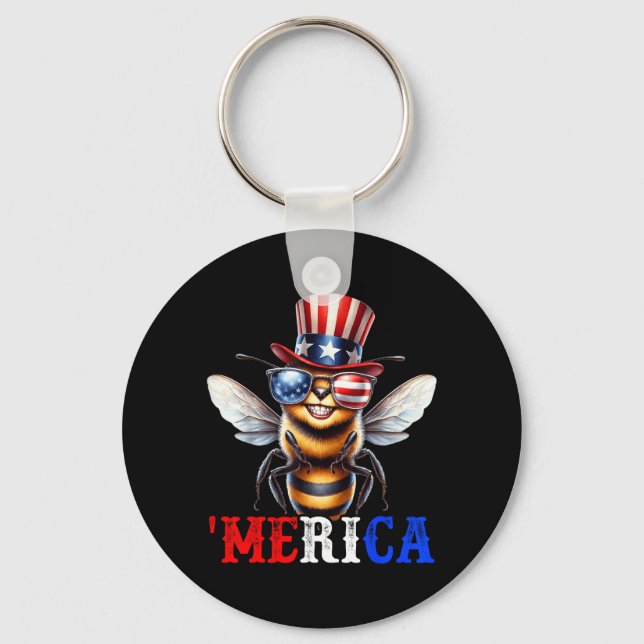 Merica Bee Patriotic 4th of July Beekeeper Funny Key Ring (Front)