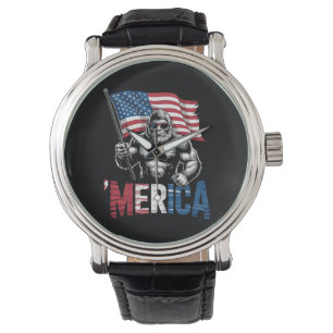 Merica Bigfoot American Flag Patriotic 4th Of July Watch