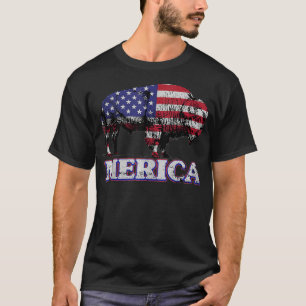 Merica Bison Buffalo 4th of July American Flag T-Shirt