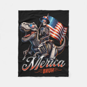 Merica Bruh Patriotic Skeleton Dinosaur T Rex 4th Fleece Blanket