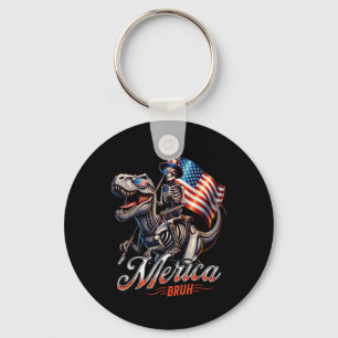 Merica Bruh Patriotic Skeleton Dinosaur T Rex 4th Key Ring