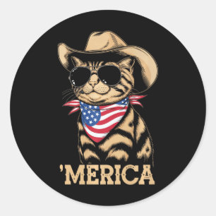 'Merica Cat Patriotic American Flag Cowboy Sunglas Classic Round Sticker