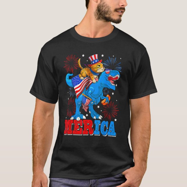 Merica Cat  Rex America Flag Dinosaurs 4th Of July T-Shirt (Front)