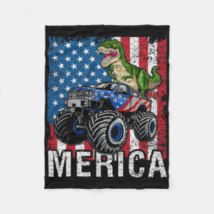 Merica Dinosaur Monster Truck American Flag 4th Of Fleece Blanket