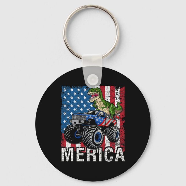 Merica Dinosaur Monster Truck American Flag 4th Of Key Ring (Front)