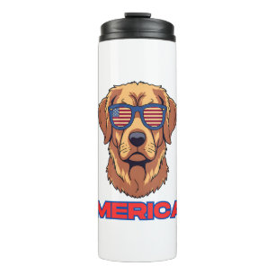 Merica Dog with USA Flag Sunglasses Patriotic Art Thermal Tumbler