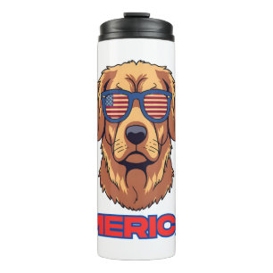 Merica Dog with USA Flag Sunglasses Patriotic Art Thermal Tumbler